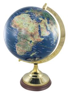 Globe bleu foncé, avec support en laiton/bois, H: 47cm, Ø: 30cm